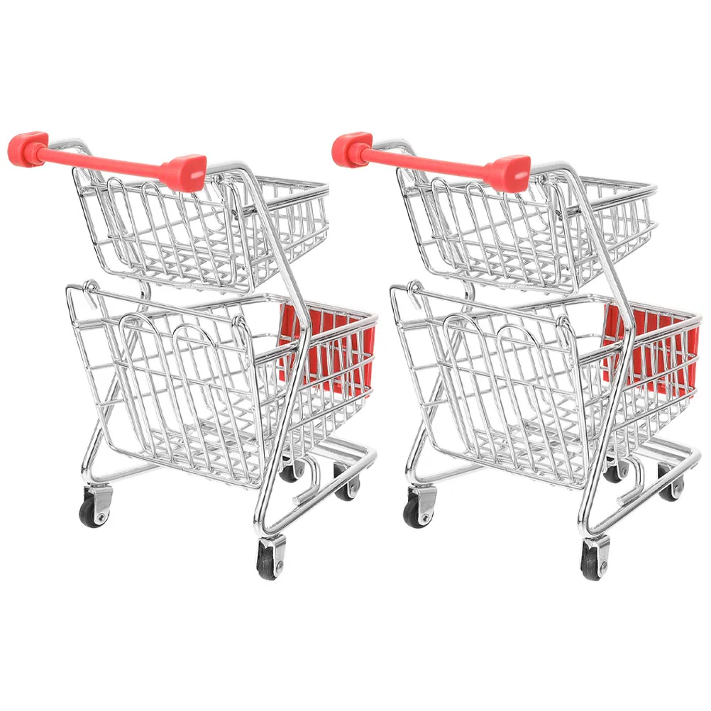 

2pcs Mini Shopping Cart Two Layer Small Supermarket Handcart Storage Container For Kids Desktop Decor Desk Organizer Accessories