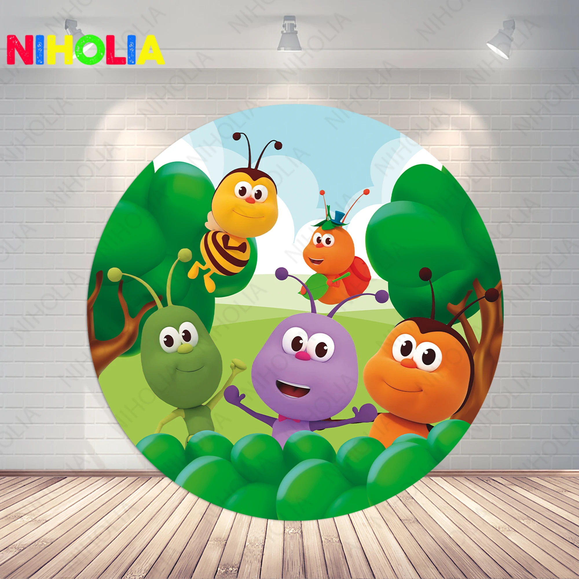 Niholia Bichi Kids Photo Backdrop Circle Cover Kids Birthday Party Colorful Bee Photography Background Round Photo Booth Prop