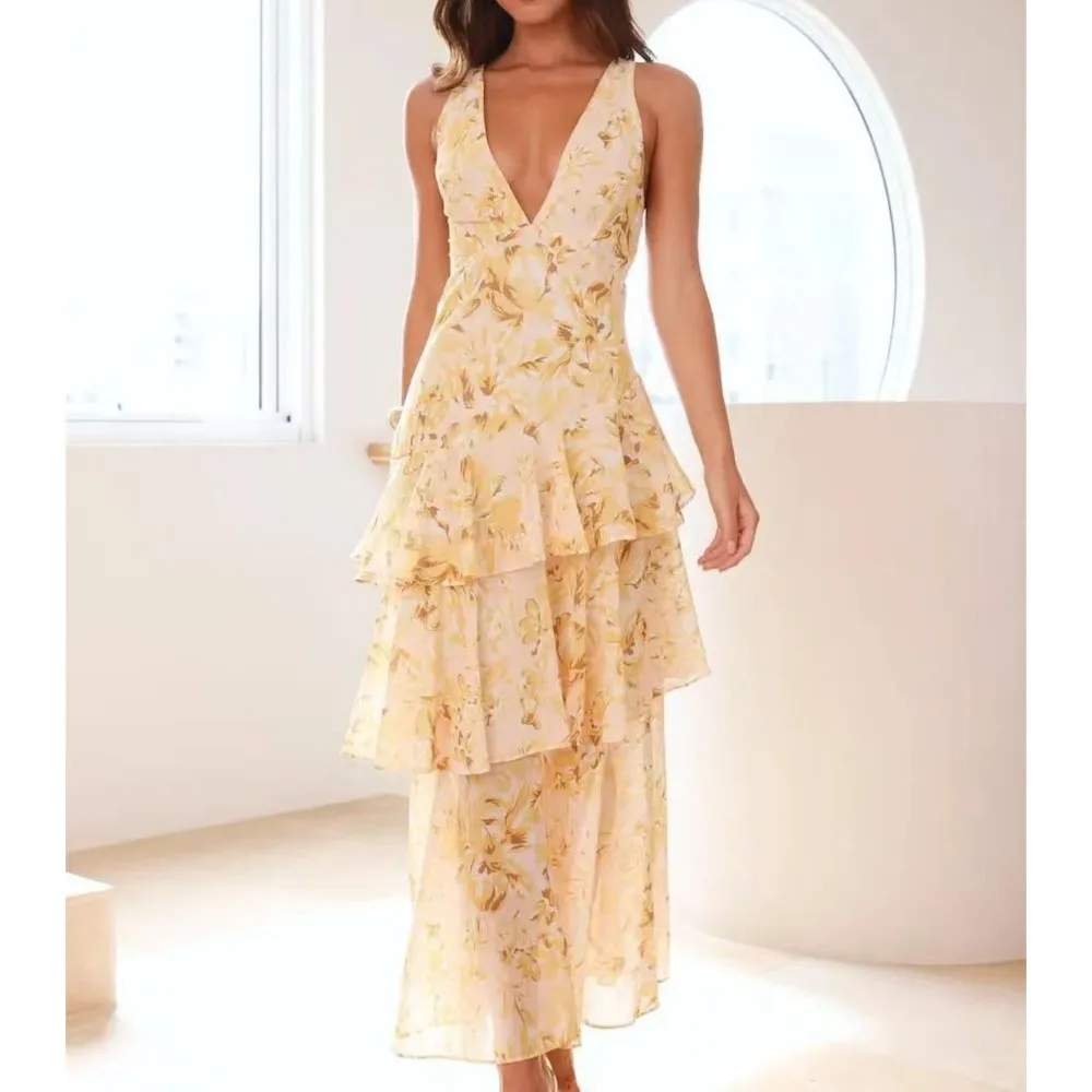 

Halter Neck Printed Dress Women's Chiffon Summer New Slim Fit Ruffled Sexy V-neck Sleeveless Backless Long Dress Ropa Mujer