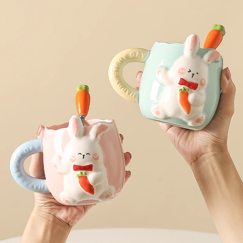 Creative Relief Rabbit Ceramic Mug Drinking Cup Super Nice Couple Cute Cartoon Coffee Cup Kitchen Breakfast Milk Cup Tableware.