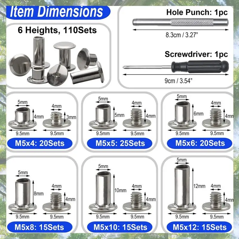 Premium-Chicago Screw Leather Rivets Assorted Screw Rivets M5 Chicago Binding Screws For Decorating PU Craft Belts(110PCS)