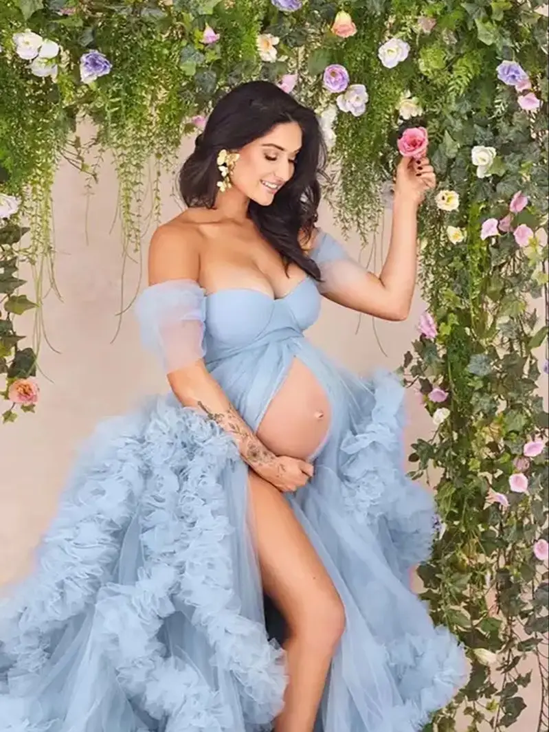 Tiulowa długa sukienka ciążowa sesja zdjęciowa платье fotografia sukienki baby shower sukienki dla kobiet w ciąży kobieta платье для беременных — zdjęcie 2