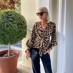 Sexy Leopard Print Women's Long Sleeved Blouse With V-neck Pullover And Lace Up Lantern Sleeve Design, Autumn New Women's Shirt