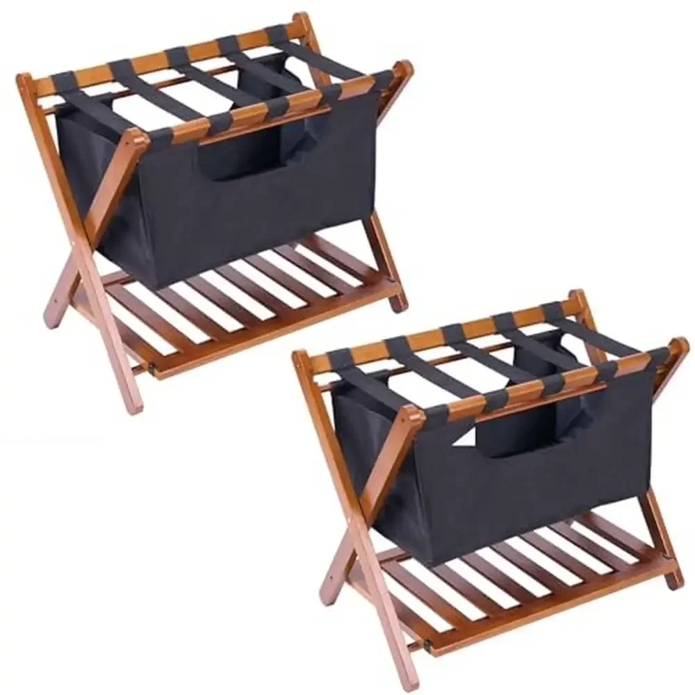 Bamboo Double Tiers Folding Luggage Rack Suitcase Stand with Nylon Straps Sturdy Convenient Stylish Guest Room Organizer Storage