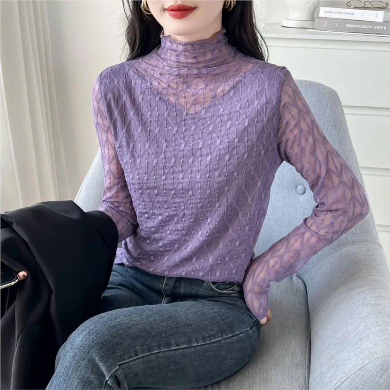 Sexy Transparent Long Sleeve Top Women 2023 Fashion Autumn Winter Basic Lace Blouses White Hollow Blusas Mujer Blouses NS5795