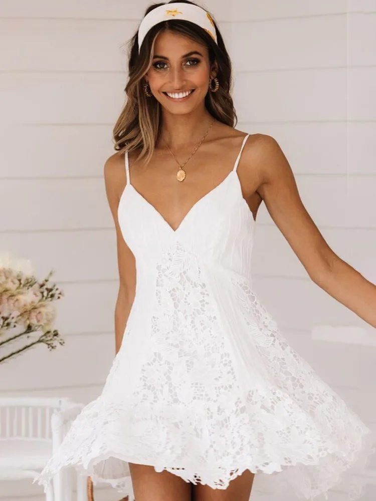 

Embroidery White Lace Dress Women Summer Sexy V Neck Spaghetti Strap Mini Dress High Waist Casual Beach Party Dresses Robe Femme
