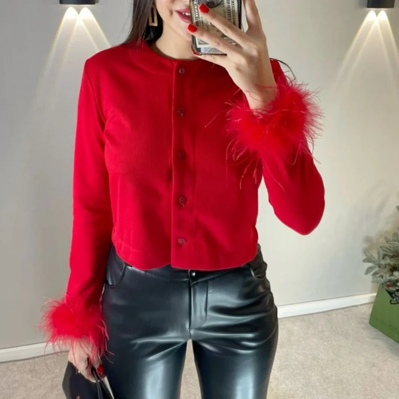 

Women Feather Cuff Sweater Cardigan Y2k Long Sleeve Button Down Crop Cardigans Fall Crew Neck Knitted Going Out Tops ﻿