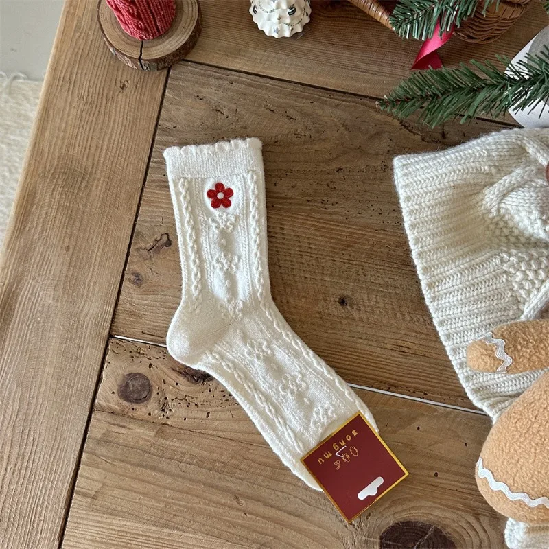 3 Pairs Ladies Bow Sock Festive Red Wave Dot with Three-dimensional Bow,Winter All-match Pile Sock,Suitable for Christmas