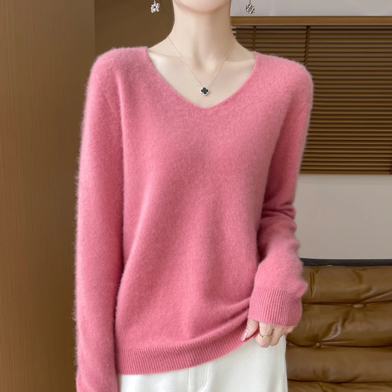 100% Wool Cashmere Sweater Women\'s 2024 Autumn/Winter New V-neck Knitted Pullover Solid Color Long Sleeve Soft Comfortable Tops