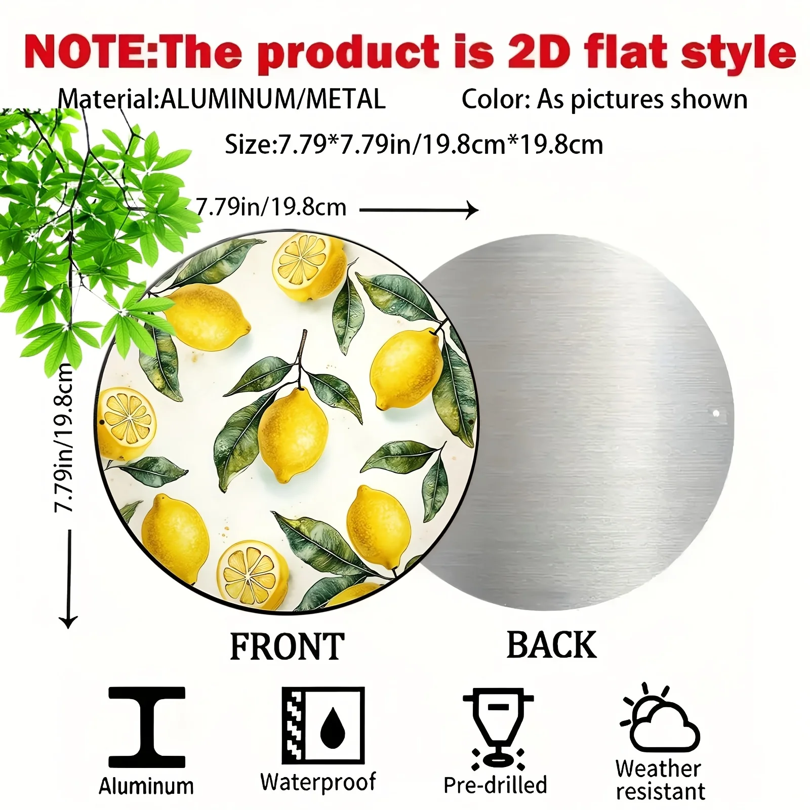 2D Flat, 1-Pack Vintage Lemon & Leaf Wall Art - 8-Inch Round Aluminum Decorative Plate with Realistic Lemon & Green Leaves Desig