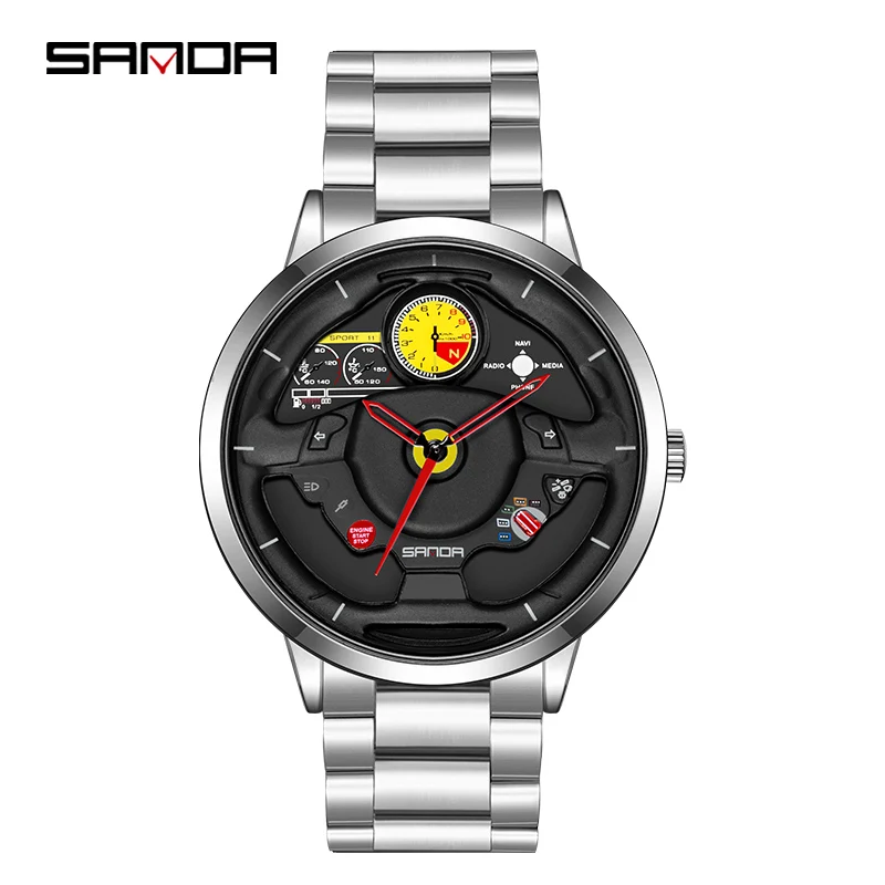 Fashion Sanda Top Brand Innovative Skeleton Men Sports Car Steering Wheel Waterproof Stainless Steel And Leather Quartz Watches