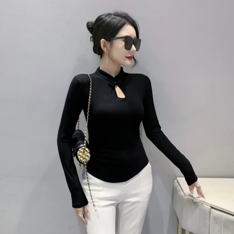 #8492 Spring Autumn Vintage T Shirt Stand Collar Buttons Hollow Out Short Skinny T-Shirt Female Long Sleeve Asymmetrical Tshirt