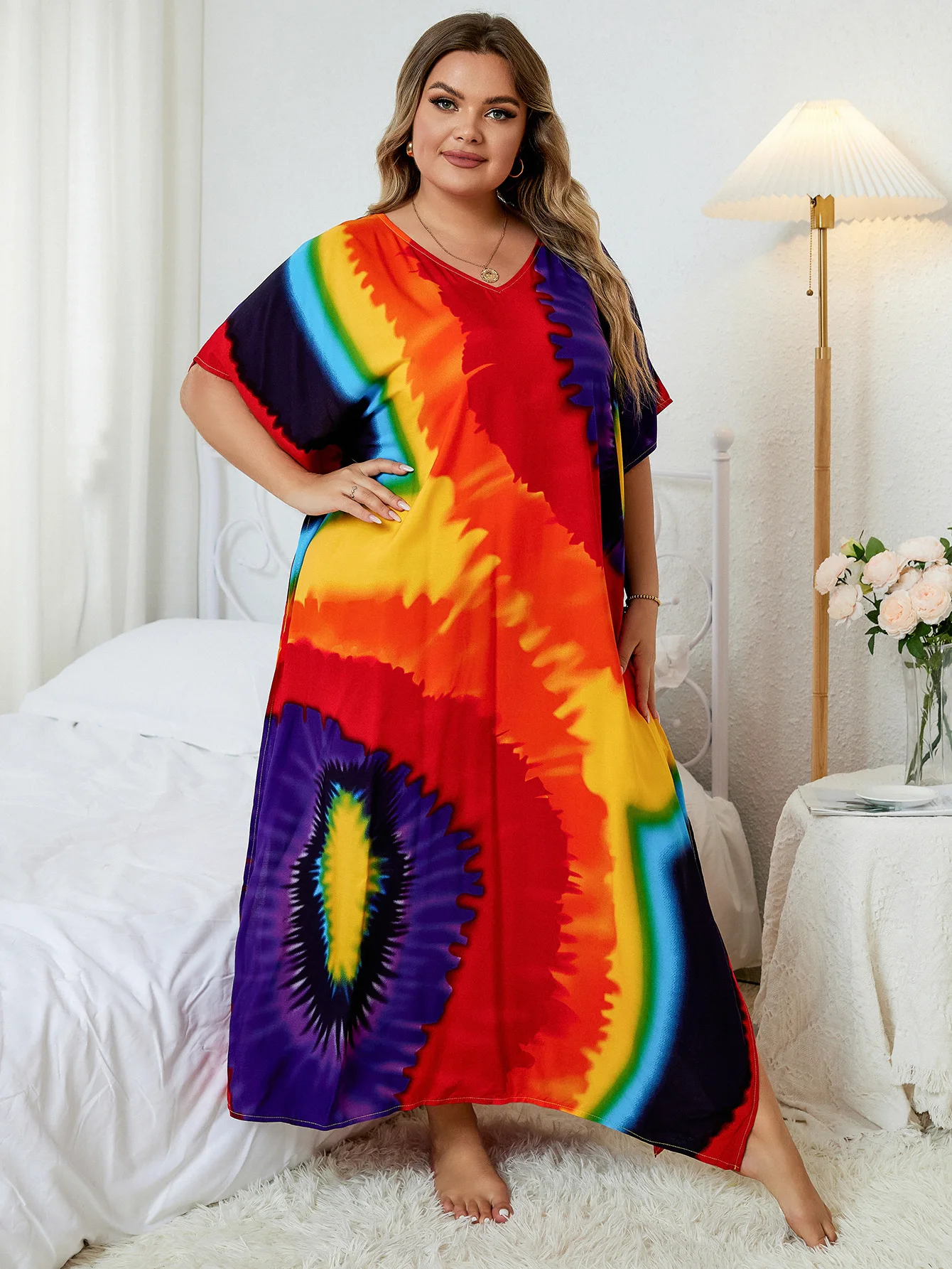 Odzież Plus Size Kobiety Kaftan Plus Size Poliester Letnia Kaftan Cover Ups Maxi House Dress