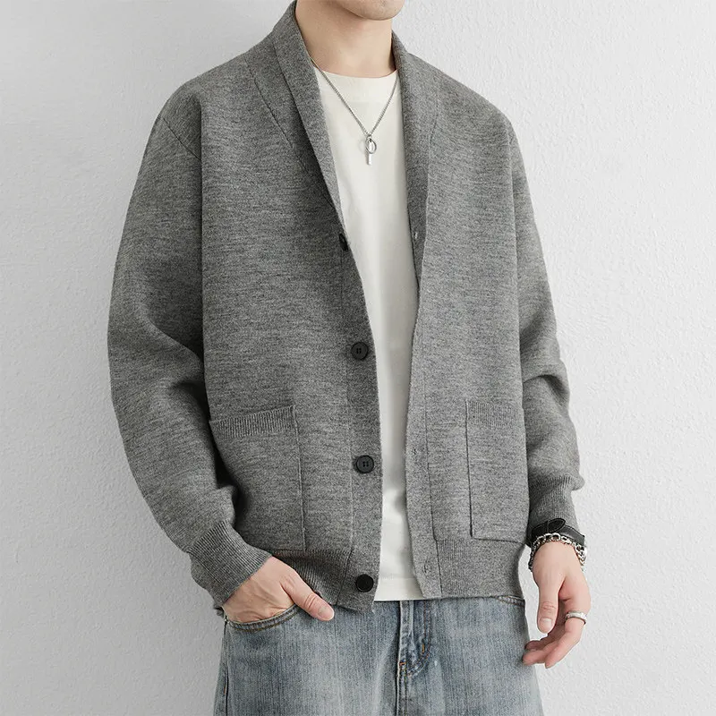 

Мужской вязаный кардиган с V-образным вырезом, однотонный, повседневный, с длинными рукавами, не мнется, дышащий, приятный для кожи