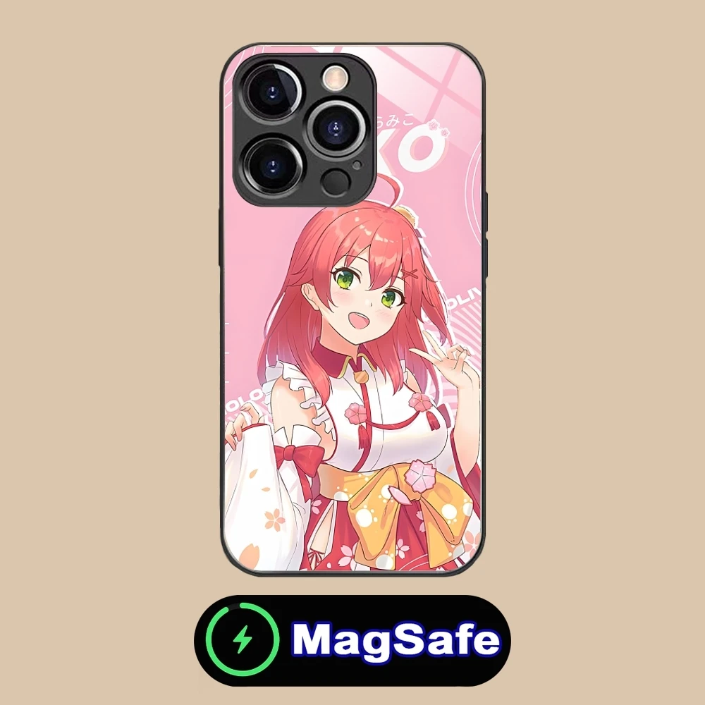 Holo Anime Sakura Miko Mobile Phone Case for iPhone 16 15 14 13 12 11 Pro Max Plus Mini MagSafe Wireless Charging Glass Cover