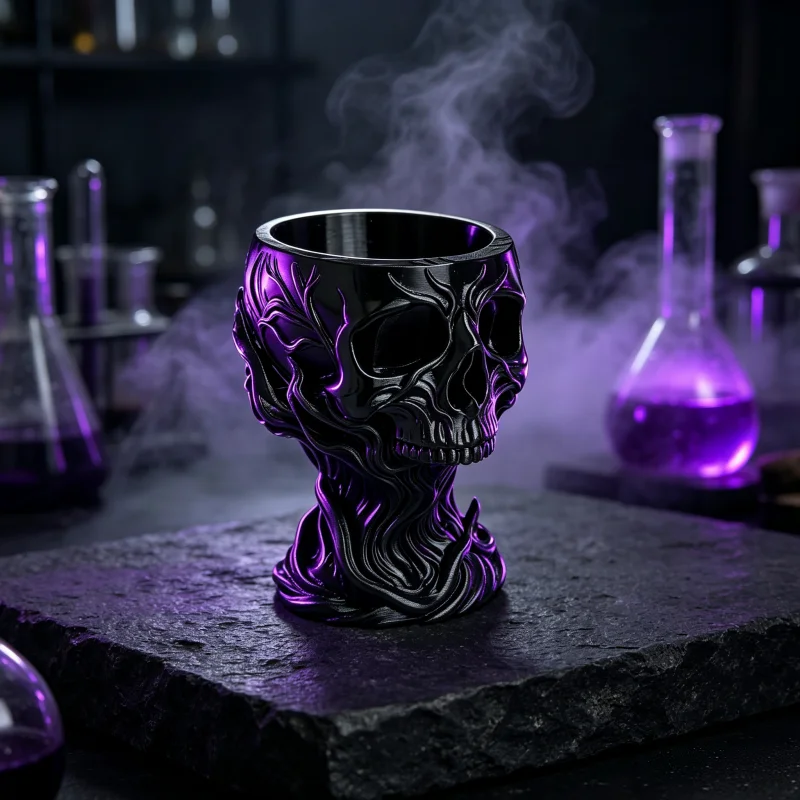 Curious Embossed Smoke Skull Goblet, Black Gothic Halloween Tabletop Candle Holder, Mini Flower Pot, Suitable for Dark Gothic Apartment Bedroom Decoration