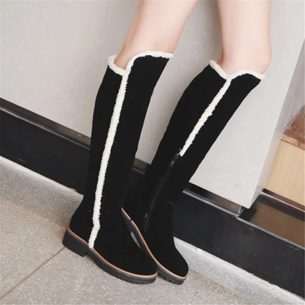 Winter Women Knee-High Boots Warm Plush Lining Snow Boot Faux Fur Trim Flock Zip Thicken Shoes Long Boots Black Brown Beige 2025