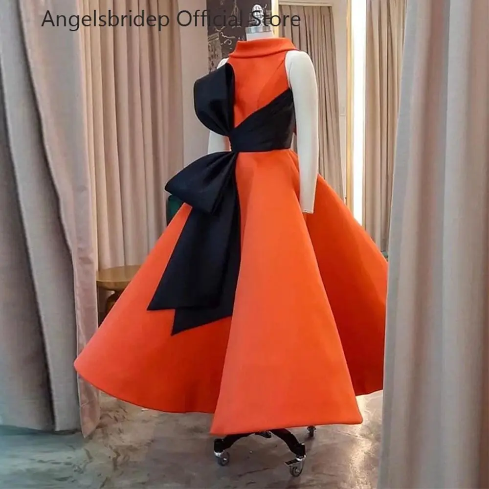

Angelsbridep Orange Saudi Arabia Midi Prom Dresses A Line Satin Black Sashes Evening Gowns African Women Formal Party Dress