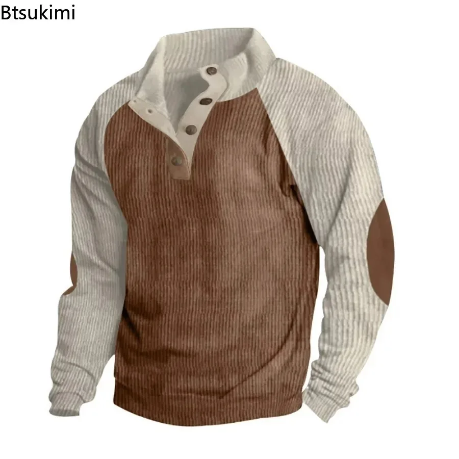 

2025 Waffle Patchwork Hoodies Men's Fashion Outdoor Sweatshirts Tops Autumn Winter Man Casual Stand Collar Buttoned Pullovers