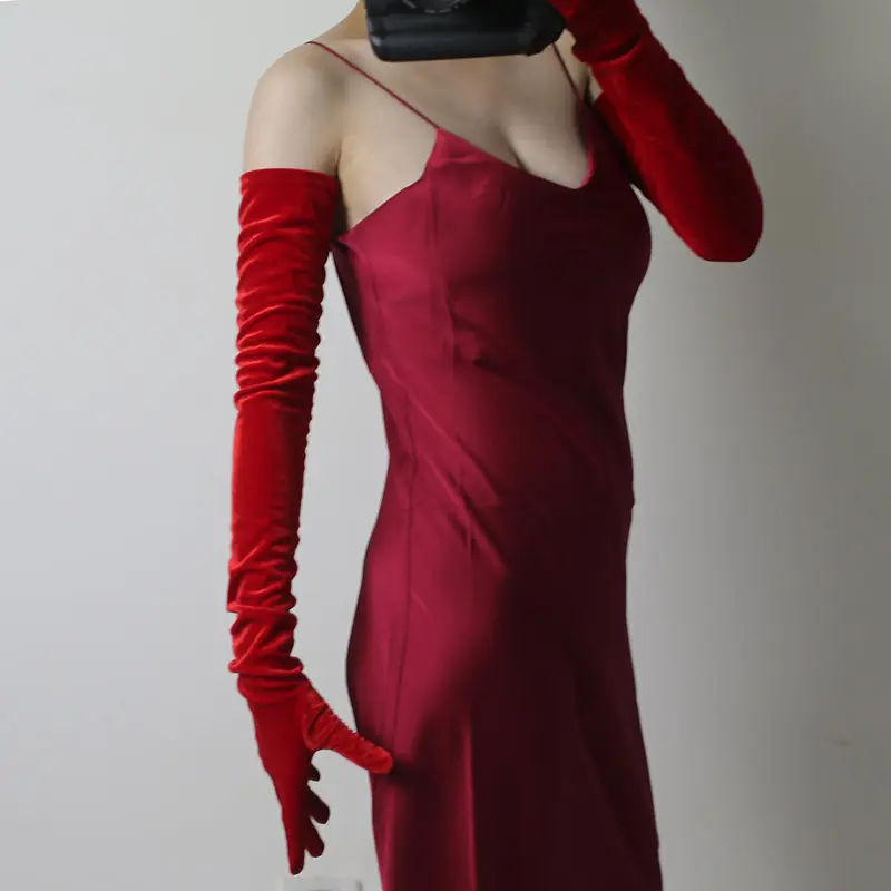 70 cm lange Samthandschuhe für Damen, elastischer Velours, Flanell, hautfreundlich, thermisch, elegante Armstulpen, sexy Vintage-Mode, 1920er Abendmode – Detail 19