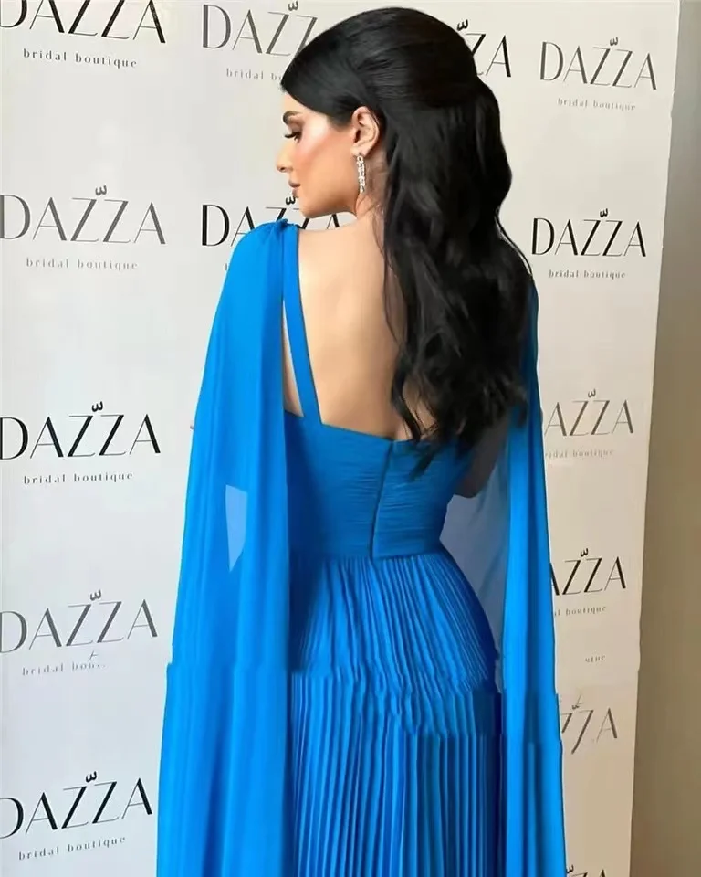 Carolina Blue Chiffon A Line Formal Evening Dresses Detachable Long Cape Sleeves Strap Saudi Arabic Women Prom Gowns Party Dress