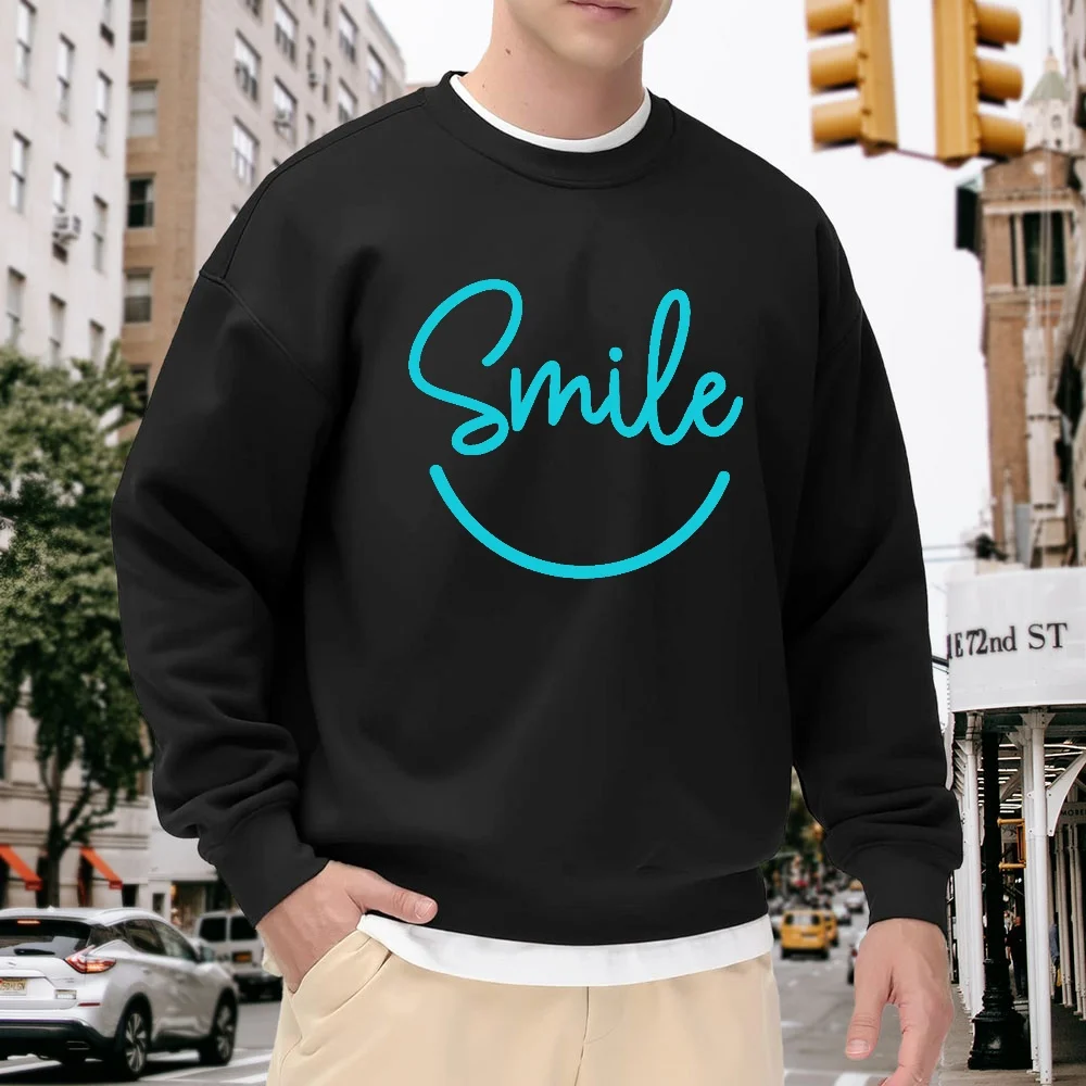 

Men's Black Crew Neck Loose Sweatshirt with Fun Smile Face Print, Casual Street Style Everyday Versatile Top, Comfortable and Soft Trendy Item