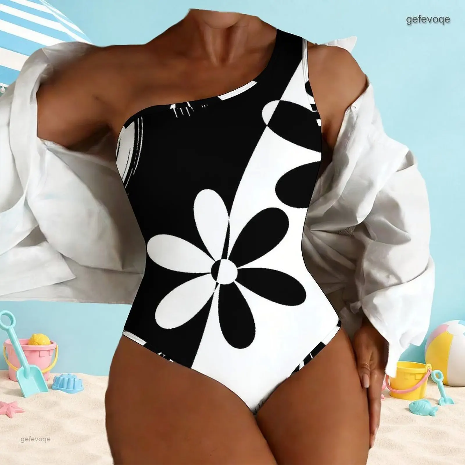 One Shoulder One Piece Asymmetric Neck Printed Swimsuit for Women