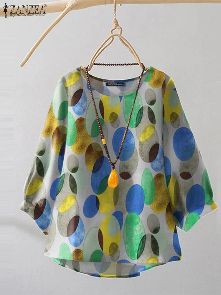 ZANZEA Vintage Polka Dotเสื้อแฟชั่นฤดูร้อน 3/4 แขนเสื้อ 2025 ใหม่ไม่สม่ําเสมอHemรอบคอเสื้อChicวันหยุดสีสันTOP