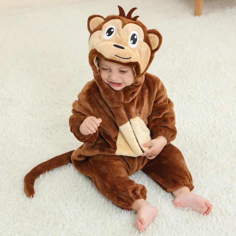 Unisex Monkey Animal Hooded Bodysuit Flannel Winter Pajamas Halloween Girls Boys Role Play Bodysuit