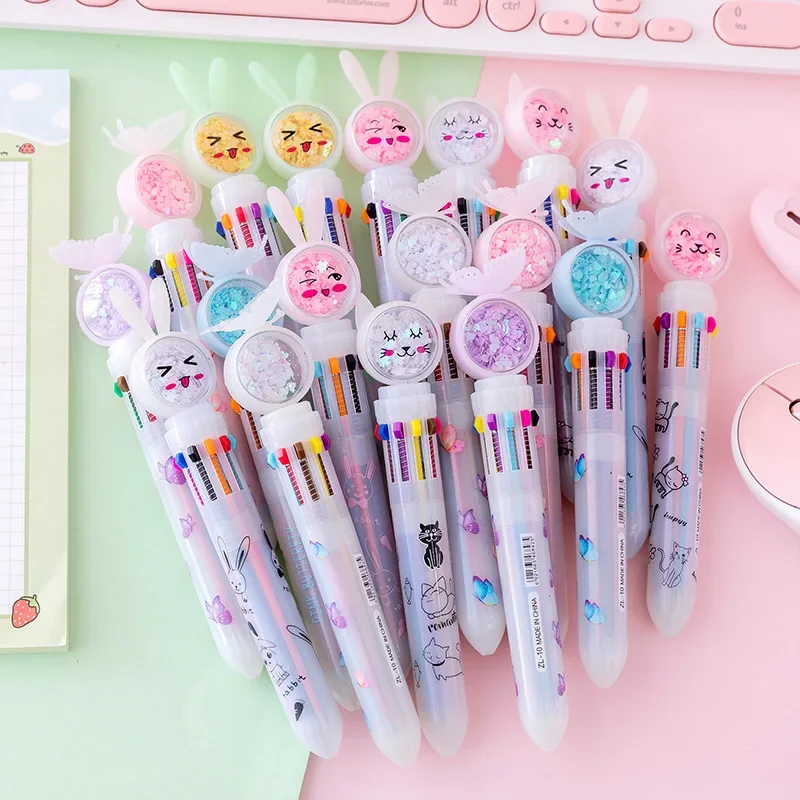 

20Pcs/Lot Cute 10 Color Sequins Ballpoint Pen Kawaii Butterfly Rabbit Cat Multicolor Cartoon Pens Kids School Office Stationery
