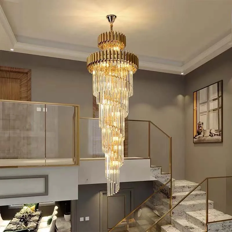 Candelabro LED de Cristal de lujo para escalera de Villa, lámpara colgante de Cristal grande y moderna, accesorio de iluminación largo para interior del hogar dorado