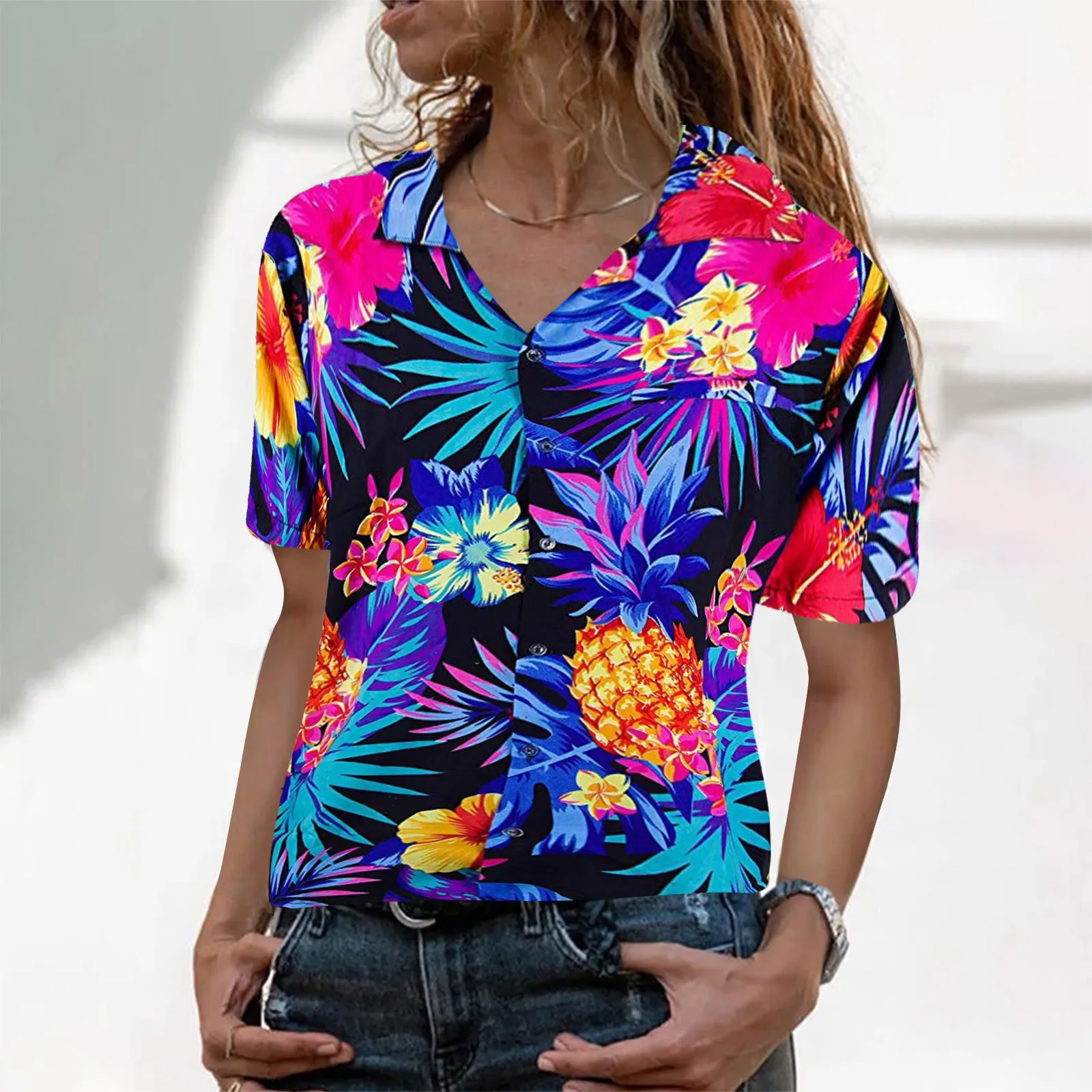 Chemise hawaïenne pour femmes, Blouse de vacances, motif fleurs, feuilles d'ananas, vêtements de plage