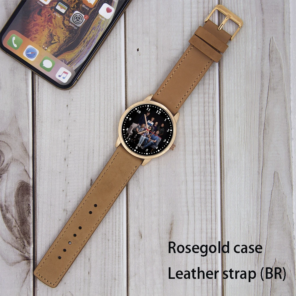 Aangepaste foto-logo print quartz horloge legering kast zwart zilver roségoud staal siliconen lederen band gepersonaliseerd cadeau polshorloge