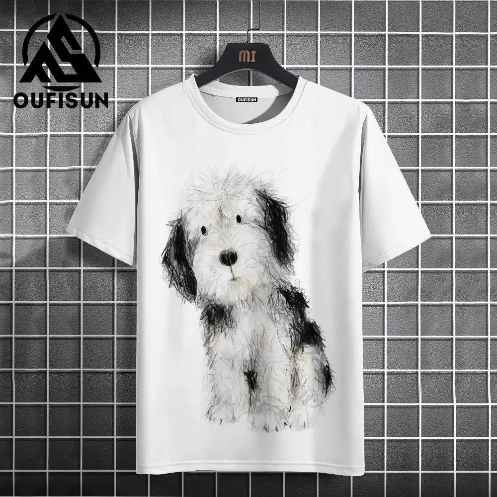 2024 Casual Men T-shirts White Breathable Polyester T-shirts For Men High Quailty Simple Design Cute Dog Oversize T-shirts Men