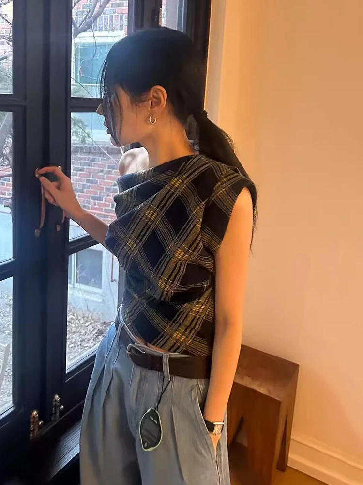 Sommer Neue Retro frauen Plaid irt oulder Exposition Unregelmäßigen Schrägen Kragen Vielseitig Top Koreanische Sle Slim Fit ort Sve