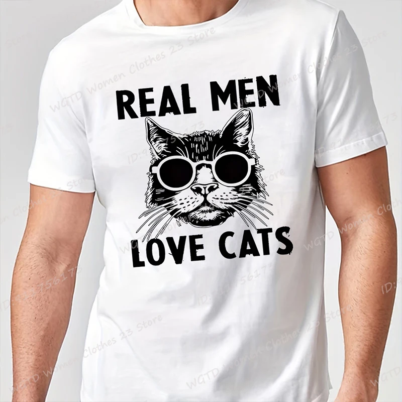 Real Men Loves Cats Print T-shirts For Men, Funny Cat Shirts, Cat Dad T-shirt, Summer Casual Short Sleeve Tees, Men's Clothing