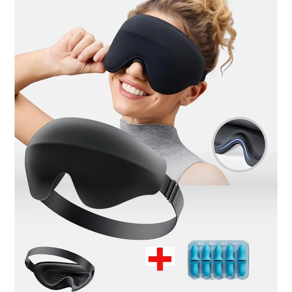 

Sleep Mask,3D Contoured Memory Foam, Zero Light Leakage Breathable Eye Cover for Side Sleepers, Travel, Office Nap With Earplugs