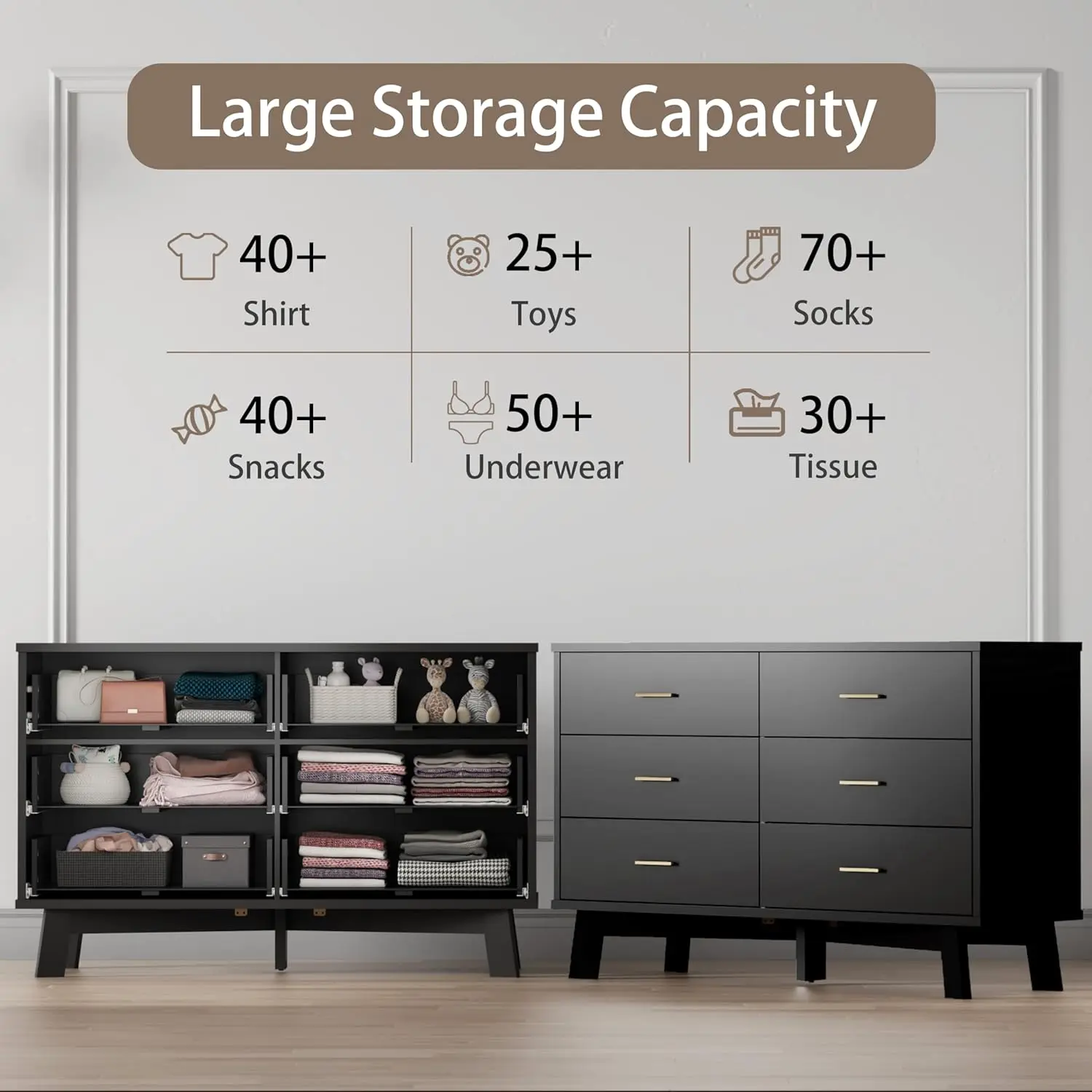 Commode double en bois avec base robuste en forme de X, commode pour chambre à coucher, meubles de Cisco modernes, commode de proximité, 6 MELWide