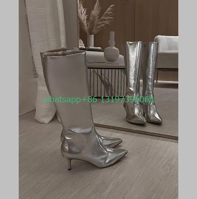 Lady sliver PU  low heel knee boots cowboy office lady dress daily boots PU  sliver color pointed toe  party boots size 35-46