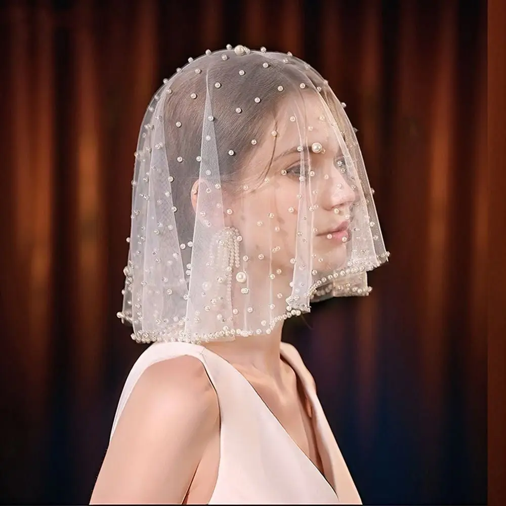 Novas pérolas contas noivas véu francês curto véus de casamento branco preto vermelho tule cabeça da noiva gaze headpieces