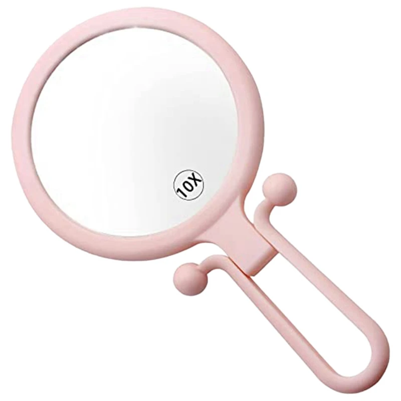 10X Handheld Magnifier, Double Sided Folding Makeup Mirror, Portable Handheld Mirror with Adjustable Handle(Pink)