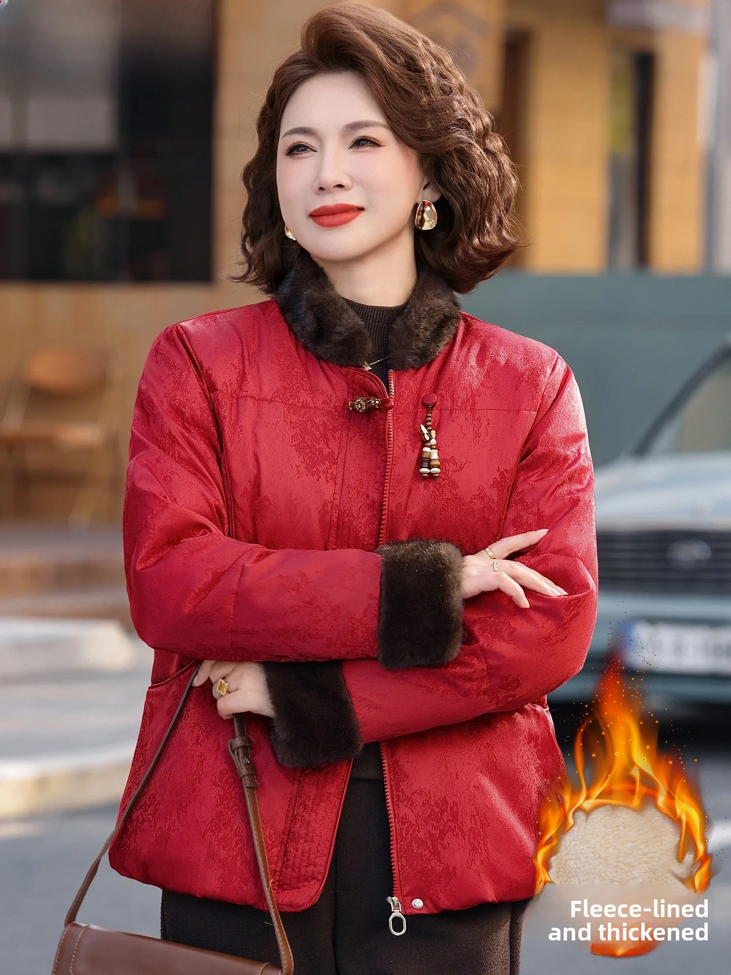 

Thiened Fce Winter Jaet down Cotton Coat for Middle-Aged Women Traditional Chinese Sle Zipper Closure Warm Outerwear