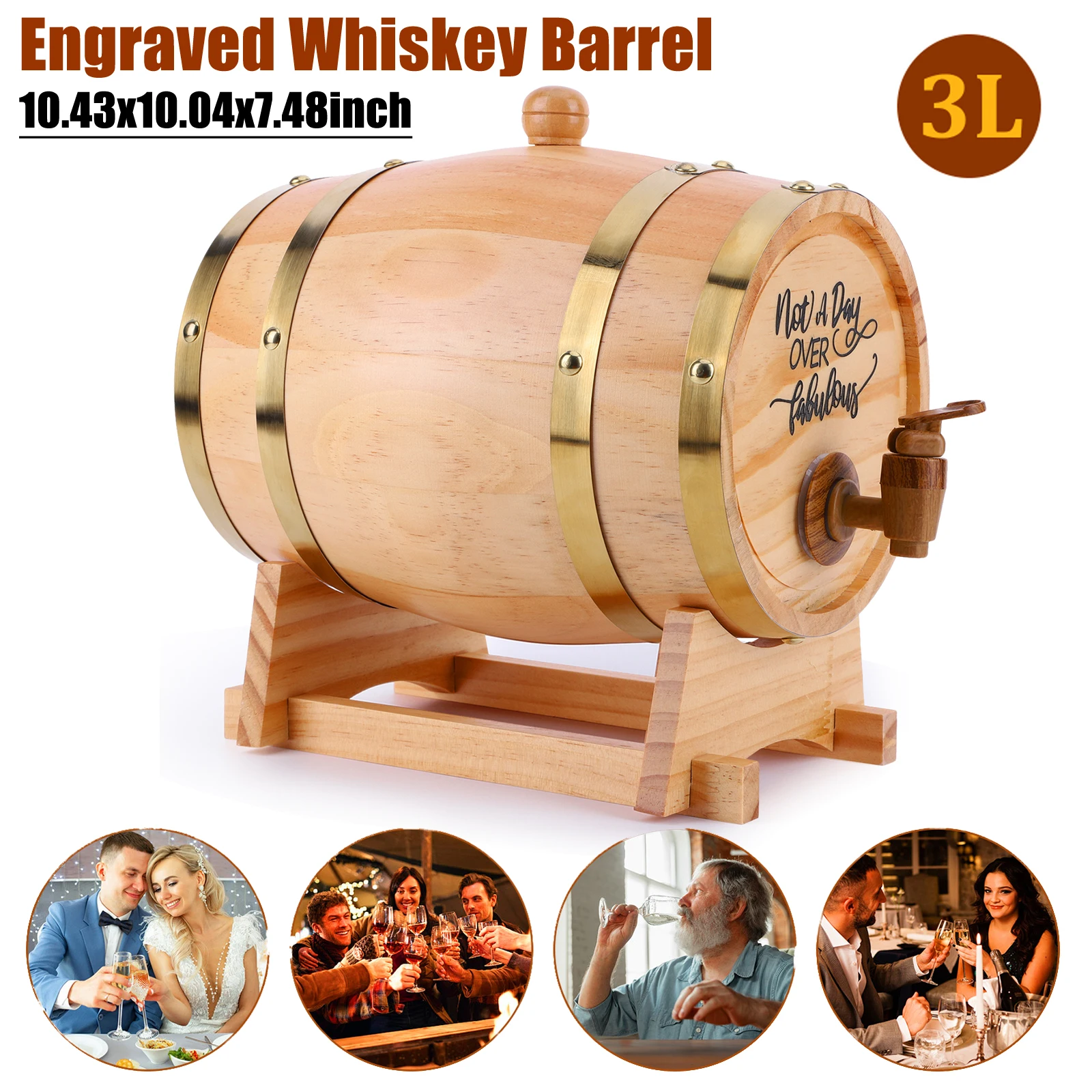 Barril de Whisky Grabado de 3L con Soporte y Grifo, Barril de Madera para Whisky, Bourbon, Cócteles, Ron, Tequila y Cerveza