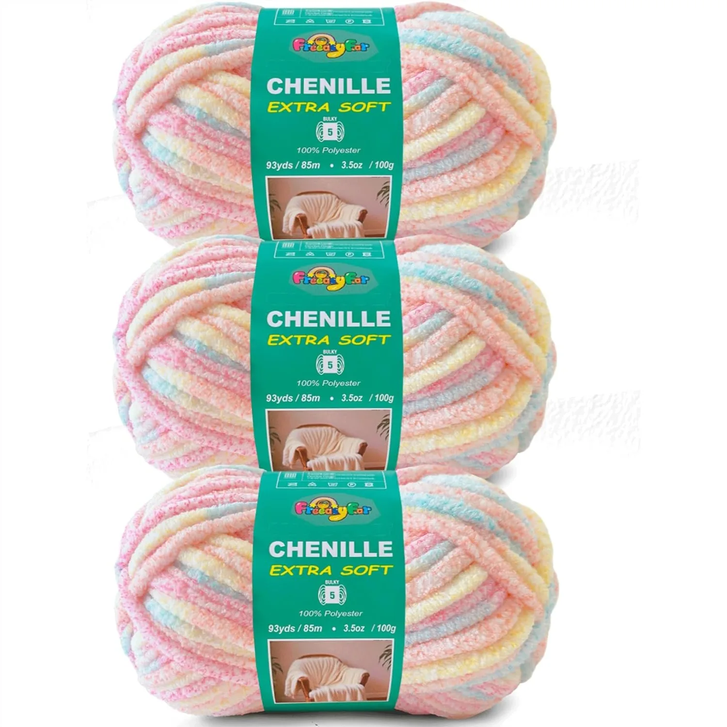 

Bulky Chenille Yarn for Crocheting and Knitting - Super Soft 3.5oz/93yd Skeins for Blanket Amigurumi DIY (Pastel Rainbow, 3