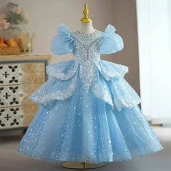 Elegant girl long sequins dress blue bubble sleeve piano performance clothing 3-12 year old girl lace high-end banquet night dre