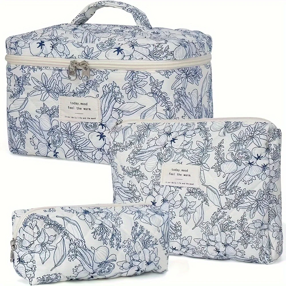 

3pcs Cotton Quilted Makeup Bag Set Floral Cotton Cosmetic Bag Aesthetic Toiletry Travel Organizer Bag For Women