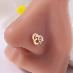 1Pcs 20G L Shaped Nose Studs CZ Cute Bow Heart Gold Silver Color Nose Piercing for Women Girl Cute Nostril Jewelry