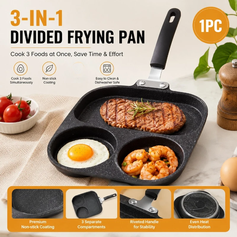 Non Stick Frying Pan 3 In 1 Breakfast Egg Steak Burger Stone Coating Divided Skillet Utility Tool Kit Sets Pro Max Options Extra
