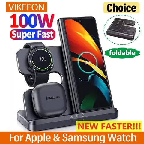 삼성 Fold 4 3 S22 Untra Galaxy Watch 5 4 3 Active 2/1 Buds 고속 충전 도킹 스테이션 용 100W 3 in 1 무선 충전기 스탠드