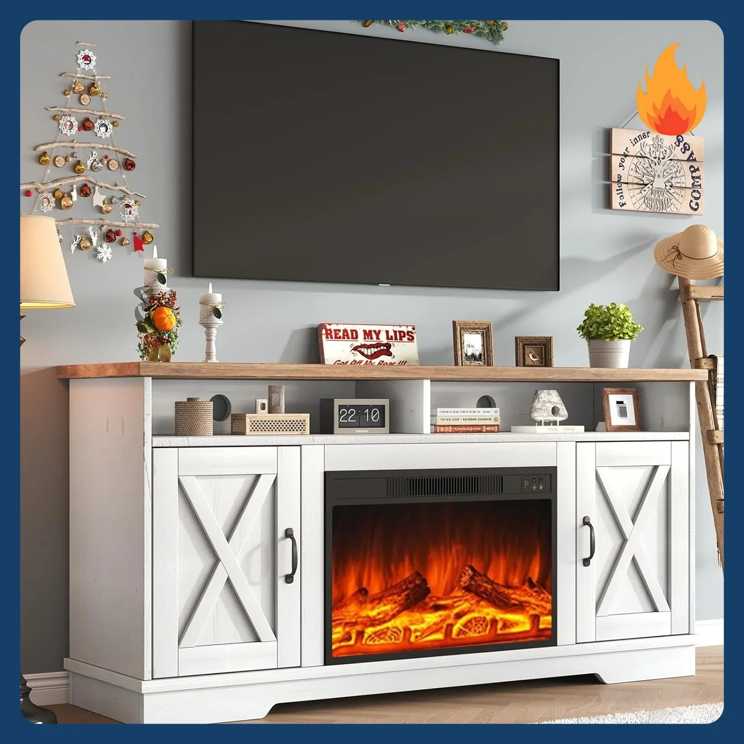 

[Discounted Price!]63" Farmhouse TV Stand with 26" Fireplace, for TVs up to 73", Media Entertainment Center with Adjustable Shel